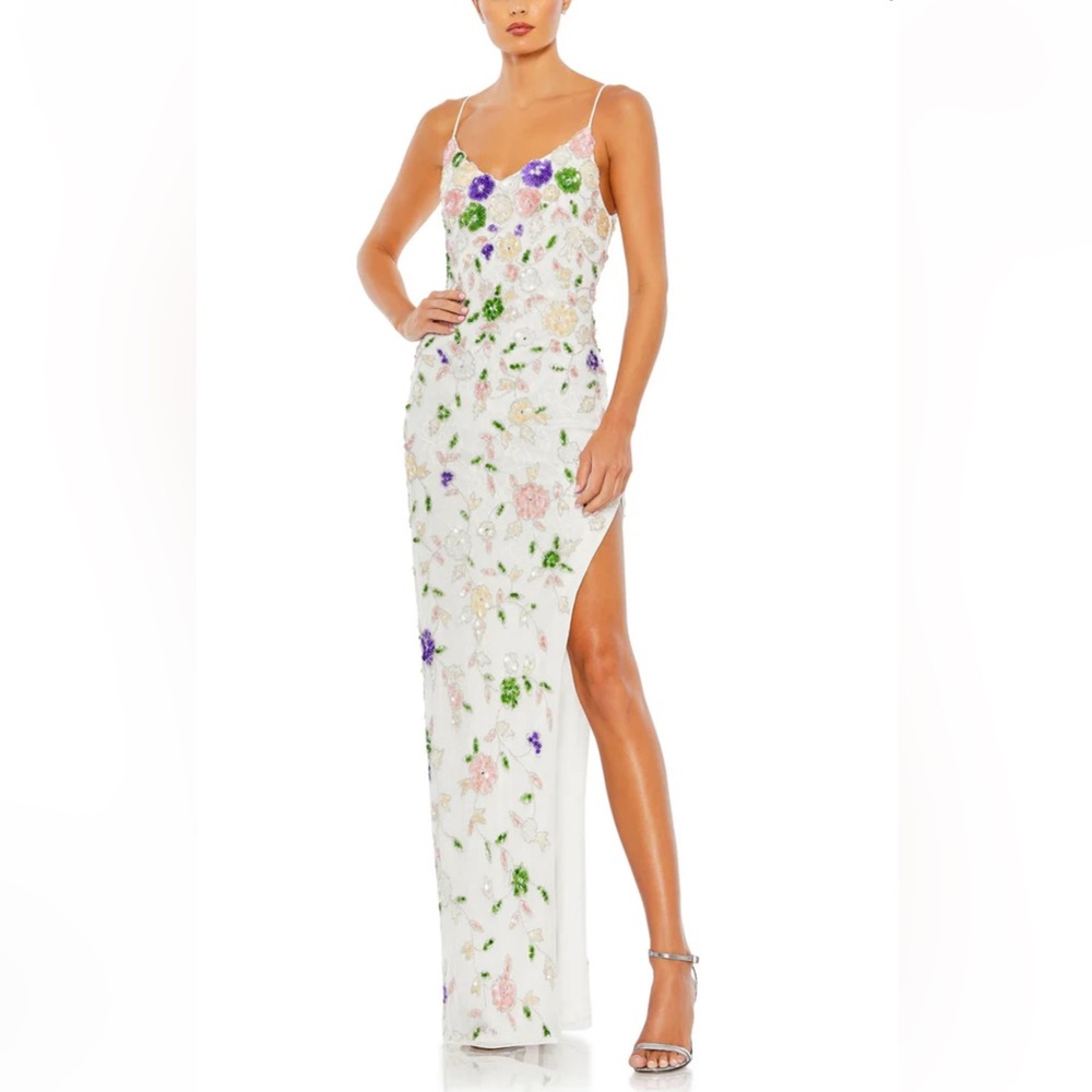 Mac Duggal White Multi Floral Sequin Gown